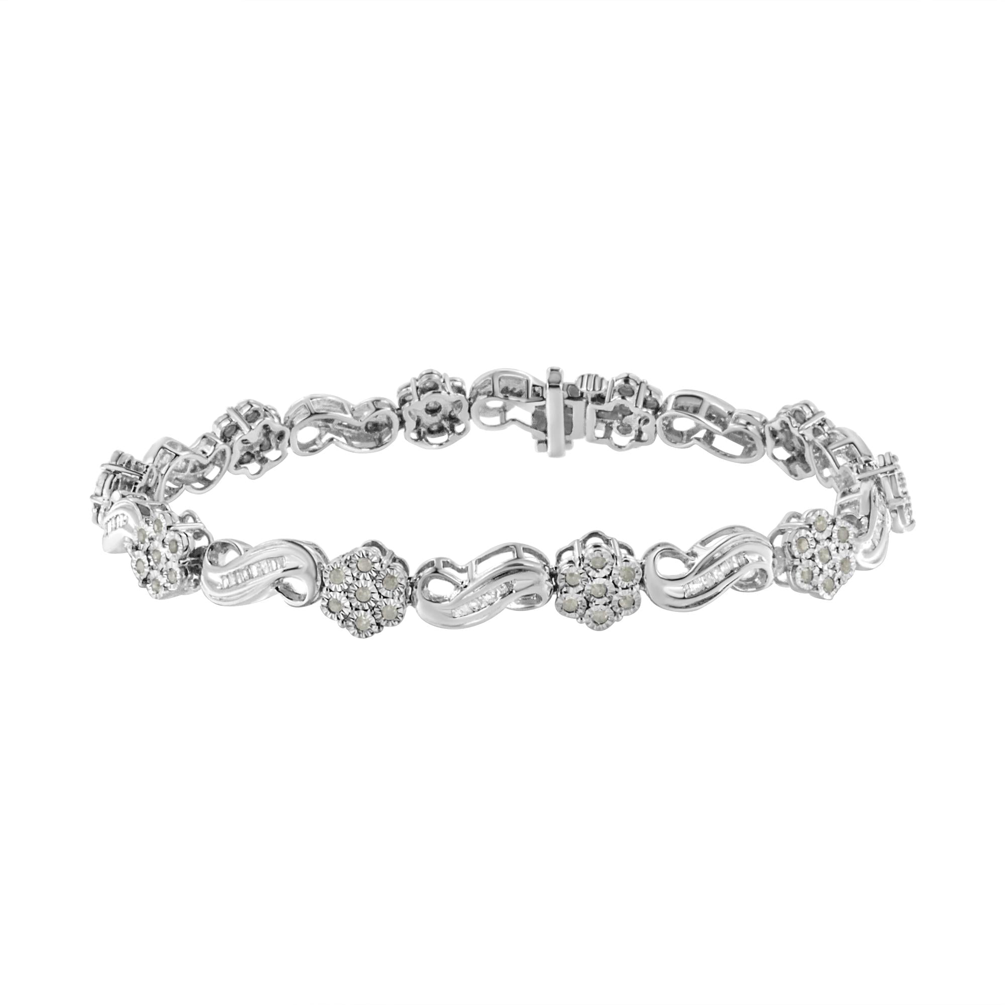 .925 Sterling Silver 1.0 Cttw Miracle and Channel Set Diamond Floral  Cluster and Link Bracelet (I-J Color, I3 Clarity) - 7.25