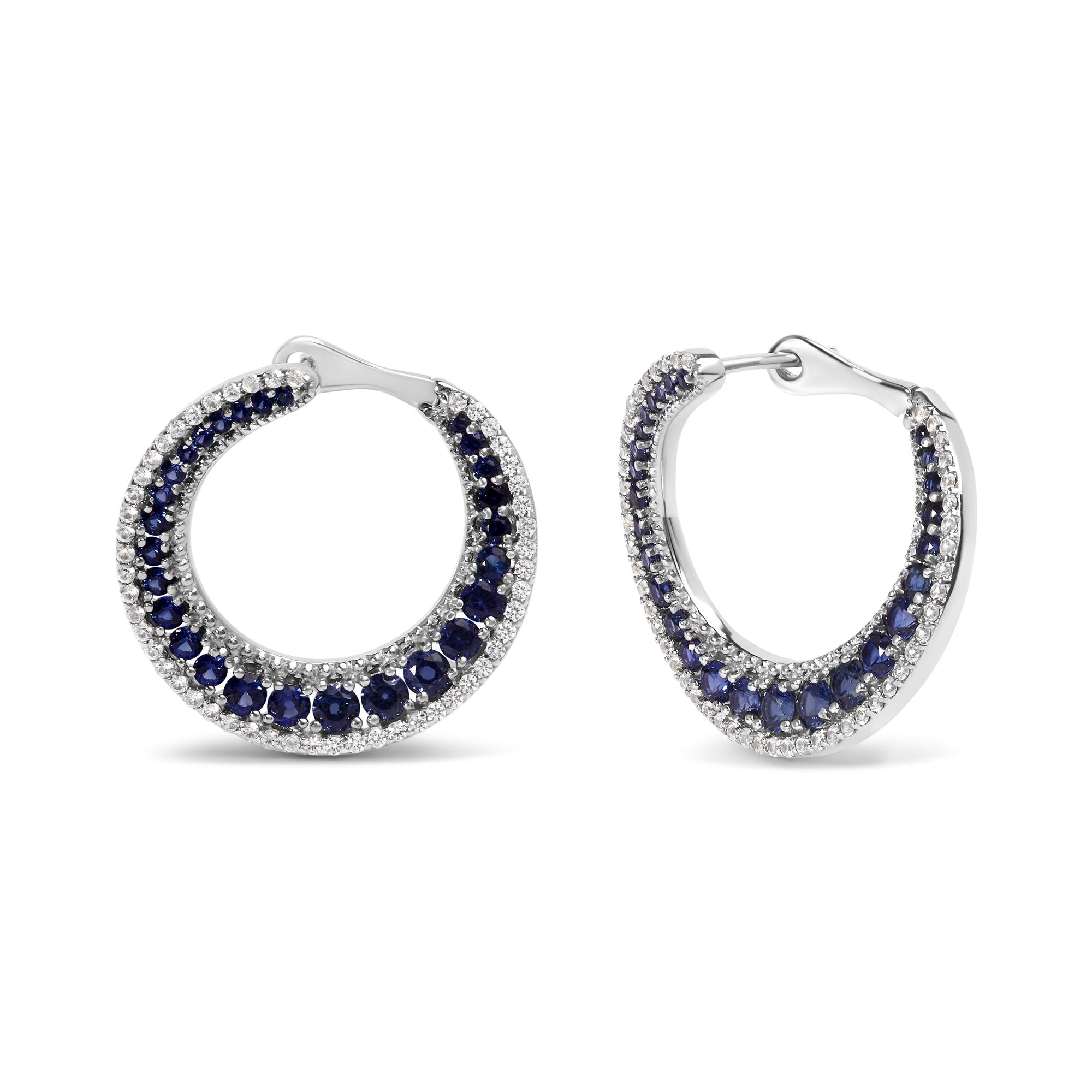 .925 Sterling Silver 2 3/4 Cttw Created Blue Sapphire Crescent Moon Disc  Style Hoop Earrings - AAA Quality